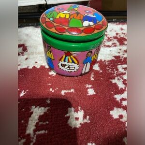 Terracotta Lidded Trinket Box Painted With Vibrant Colors of Village Life
